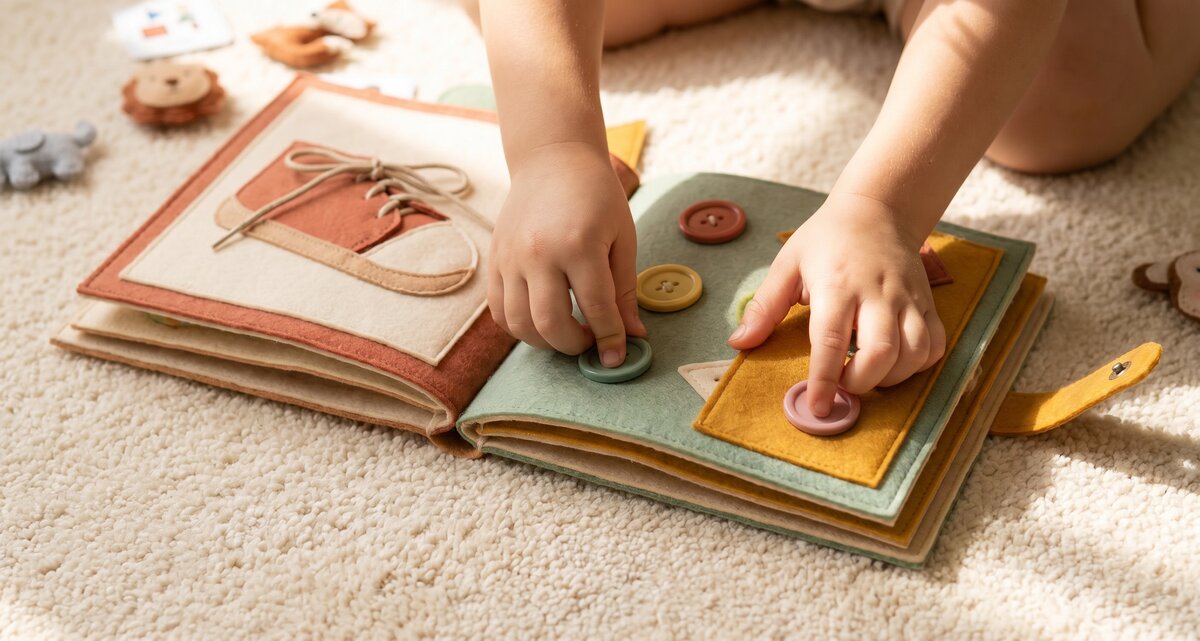 Child's hands interacting with NeriPlay busy book